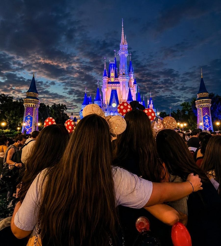 Amigas abraçadas com tiaras de orelhinhas diante do castelo iluminado à noite no Magic Kingdom