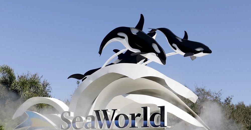 Escultura das orcas na entrada do SeaWorld Orlando